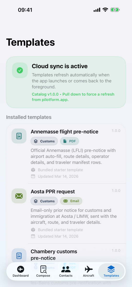Templates screen showing cloud sync status and installed templates